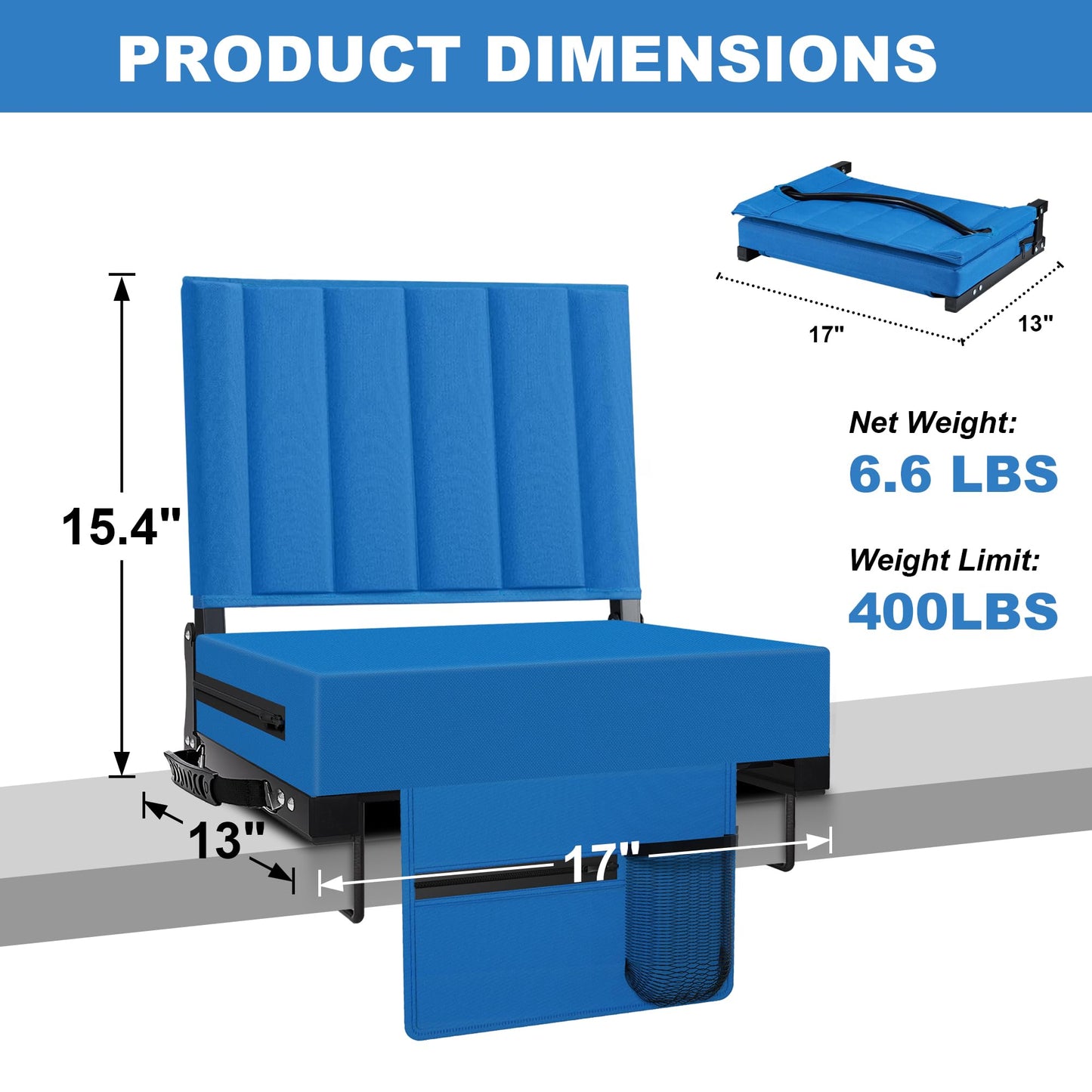 Aliphon Stadium Seat for Bleachers with Back Support and Cushion, Bleacher Seats with Shoulder Strap and Cup Holder, Padded Portable Folding Comfort Stadium Chair, for Sports Events, Blue (1pcs)