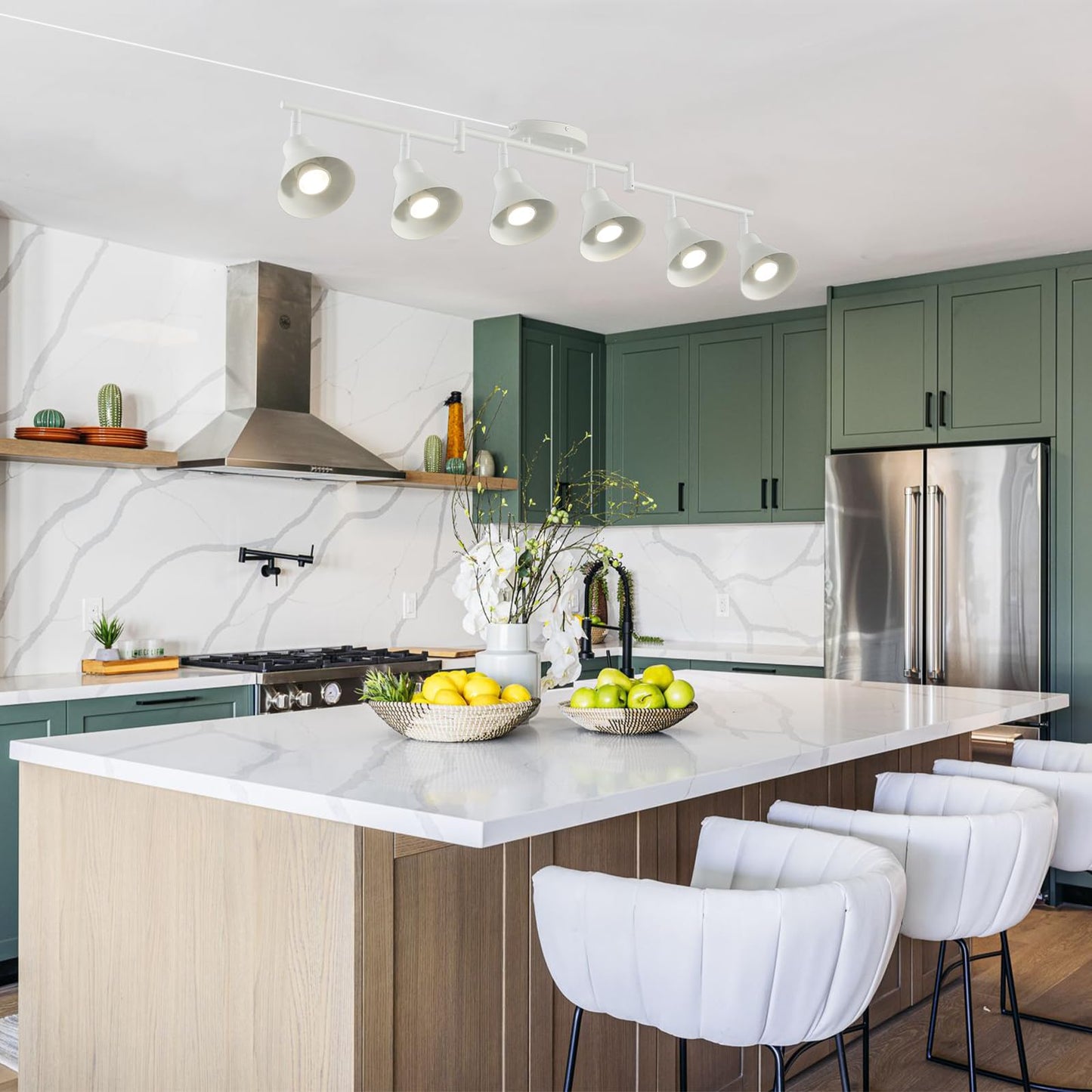 White Dimmable 6 Light Plug in Ceiling Light Fixture,Modern Plug in Track Lighting,16.4ft Cord with Dimming Switch,6 Way Ceiling Spot Lighting,Flexibly Rotatable Light Head，6*LED Spot Bulbs Included