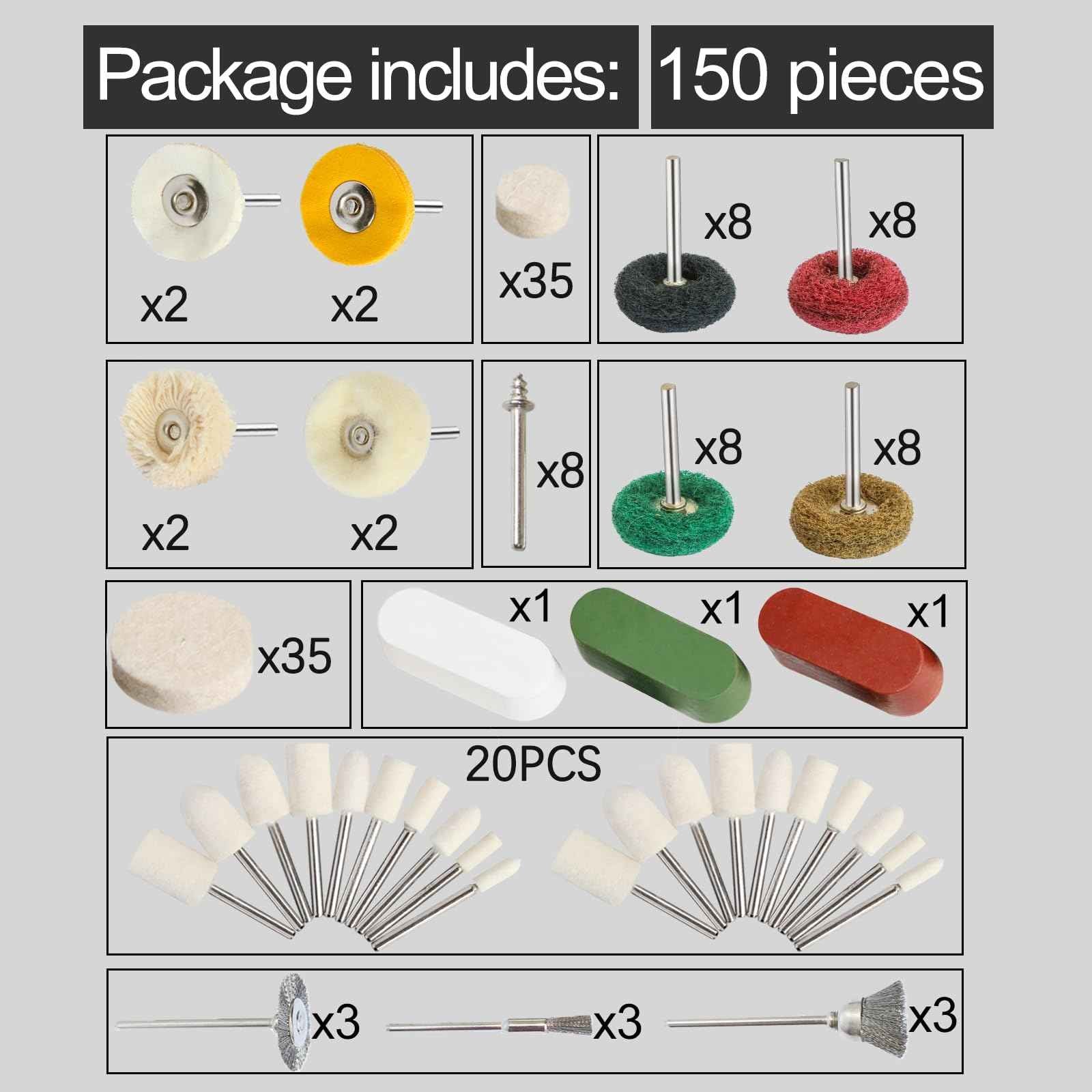150 PCS Polishing Buffing Wheel for Dremel Polishing Kit, Abrasive Buffing Polishing Wheel Set for Rotary Tool Accessories, with 3mm Shank