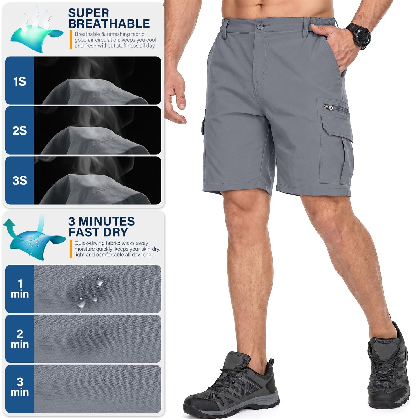 Jessie Kidden Mens Outdoor Casual Expandable Waist Lightweight Water Resistant Quick Dry Fishing Hiking Shorts (6222 Grey 10inch 34)