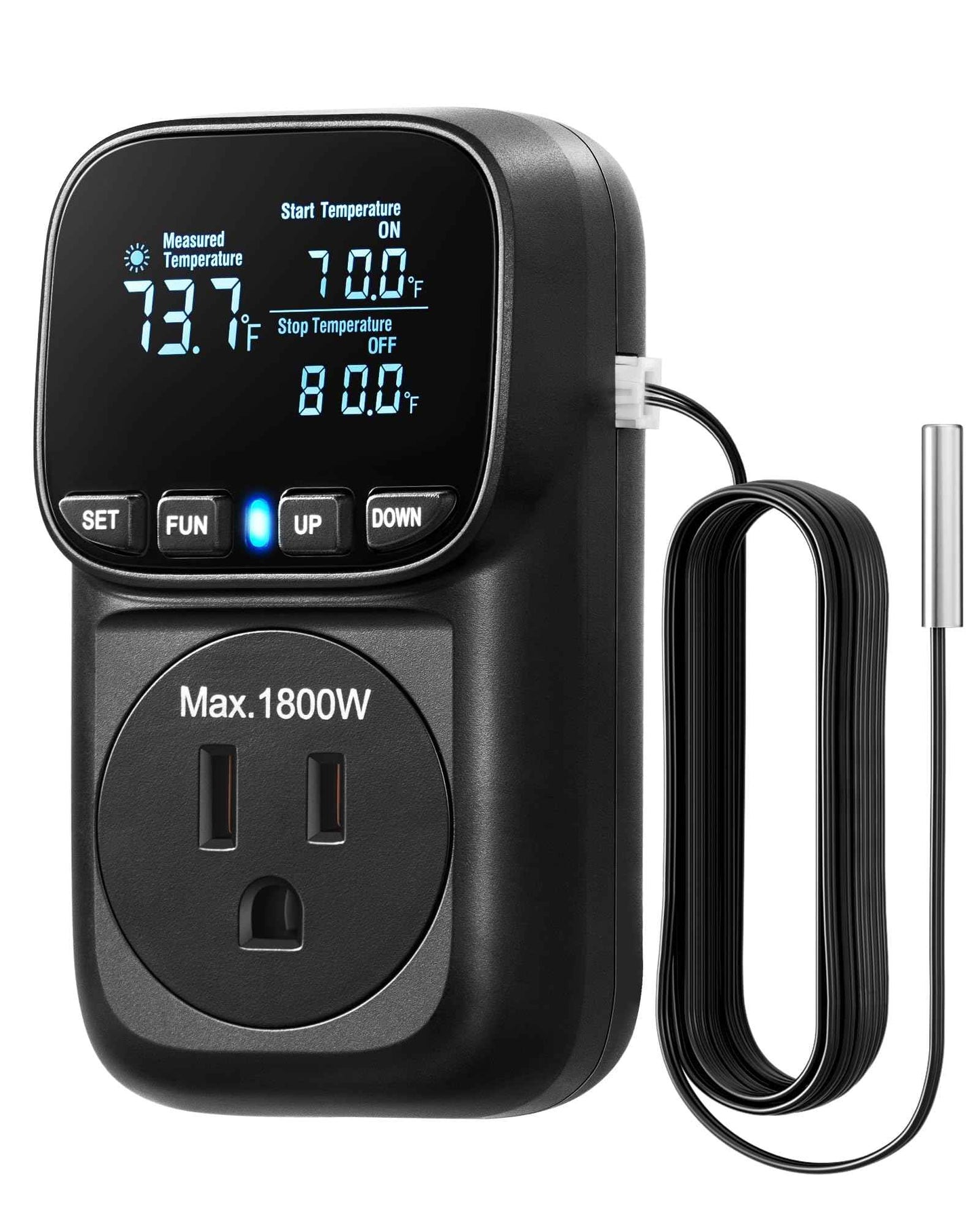 DEWENWILS Digital Temperature Controller, Heavy Duty 15A/1800W Thermostat Outlet Plug, VA Display Heating Cooling Control Timer, -40℉~210℉, Cyclic Timing/Countdown, for Greenhouse Incubator, Black