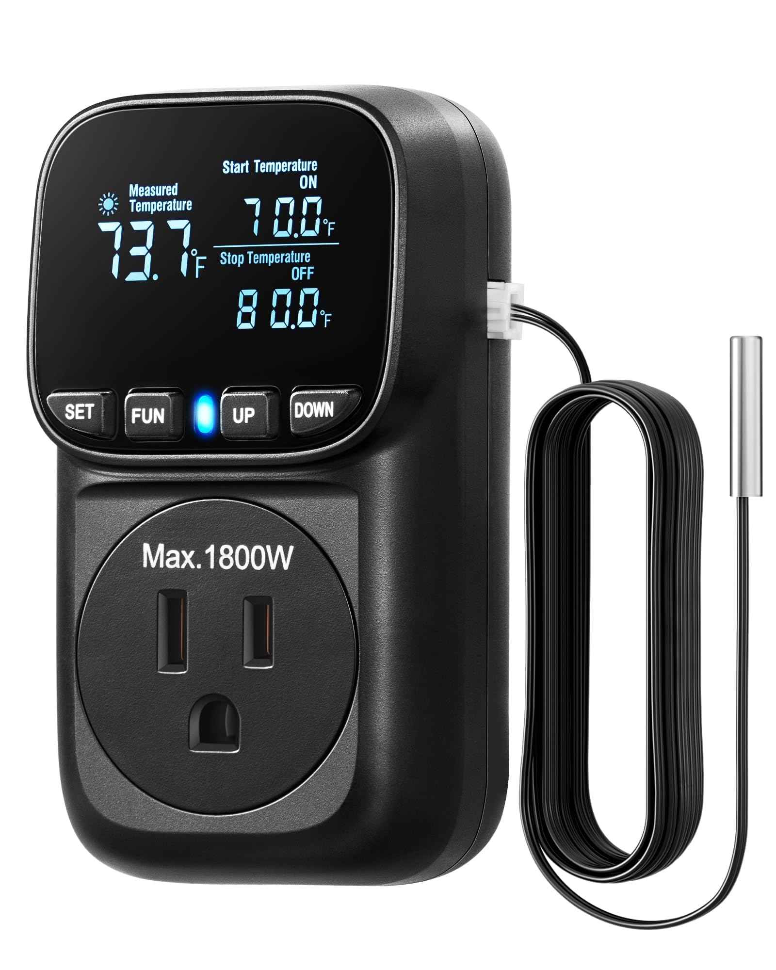 DEWENWILS Digital Temperature Controller, Heavy Duty 15A/1800W Thermostat Outlet Plug, VA Display Heating Cooling Control Timer, -40℉~210℉, Cyclic Timing/Countdown, for Greenhouse Incubator, Black