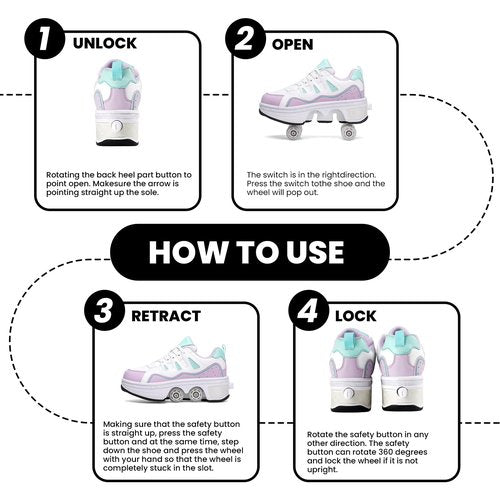 2-in-1 Unisex Roller Skate Shoes with Retractable 4 Wheels - Invisible Deformation & Removable Pulley, Ideal Retractable Roller Shoes for Women for Girls, Boys & Children Purple