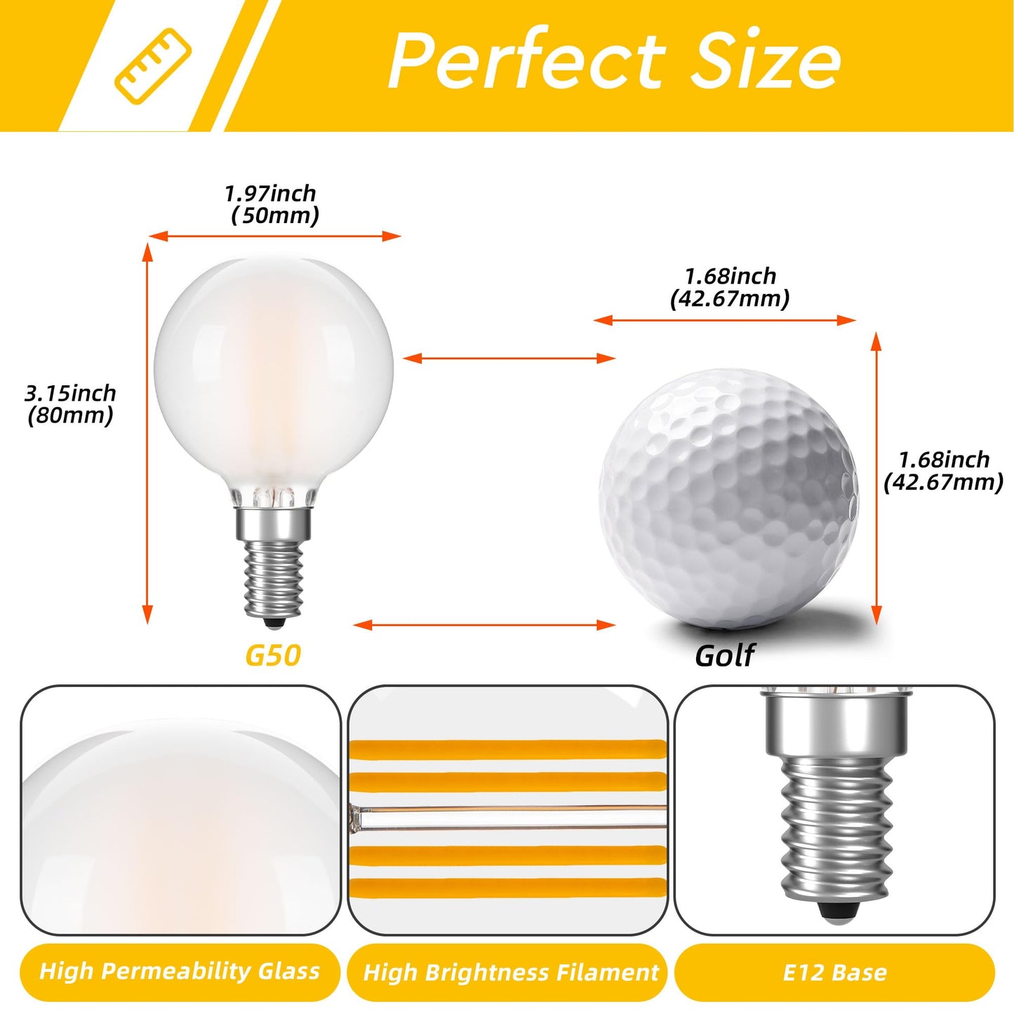 PADMO LUDAZ G16.5 LED Light Bulb 40W Equal 4W Type G Bulb,Dimmable Frosted E12 Globe Bulb,Round Candelabra Light Bulbs for Chandelier,Bathroom Vanity,Pendant,Warm White 2700K 400LM,Pack of 2