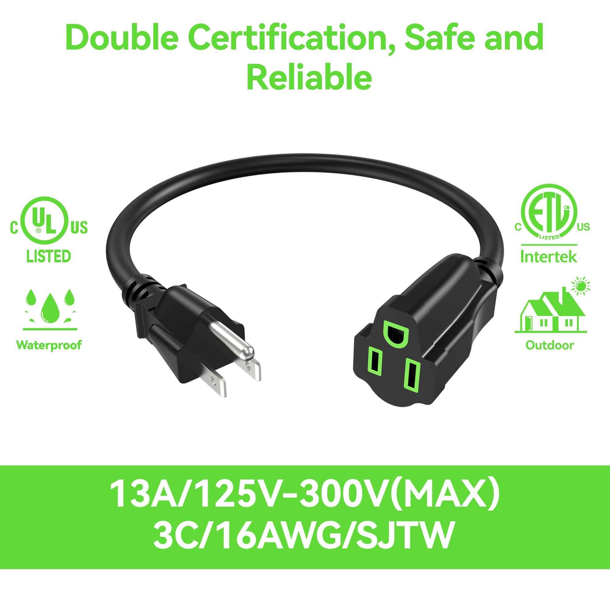 Power Extension Cord 1FT/12Inch(10 Pack), Short 3 Prong Electric Extension Cable Outlet Saver, Single Outlet, Heavy Duty, Waterproof, Flexible, 16 AWG, 13A 125V, Extender Wires with 15 Cable Ties