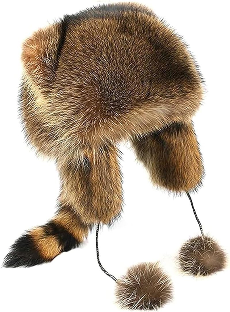 Raccoon Tail Parent-Child Plush Earflap Hat Faux Fur Animall Hat Ladies Russian Ushanka Winter Warm Cap Cute Pompoms Beanies Cap for Adult Kid Halloween Xmas Birthday