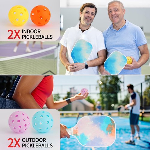 Pickleball Paddles Set of 2, Fiberglass Surface Pickleball Set -2 Paddles, 4 Pickleball Balls, 1 Mesh Backpack, 2 Tape, Pickleball Paddles Set for Men Women (White)