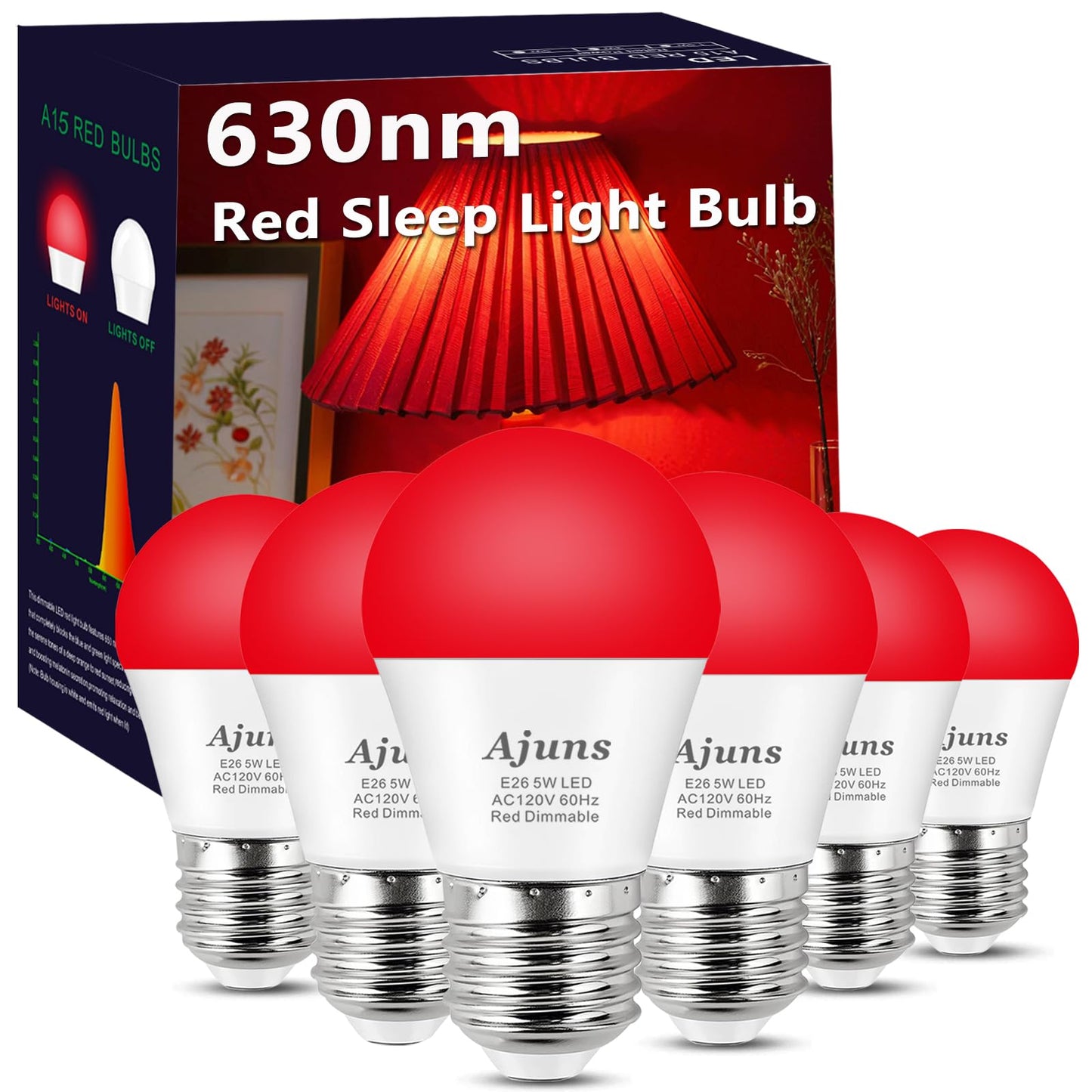 630nm LED Red Sleep Light Bulb Dimmable, Blue Light Blocking Bulb Promoting Melatonin Red Light Bulbs, A15 LED 5W 40W Equivalent Night Light E26 Base 6Pack