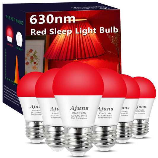 630nm LED Red Sleep Light Bulb Dimmable, Blue Light Blocking Bulb Promoting Melatonin Red Light Bulbs, A15 LED 5W 40W Equivalent Night Light E26 Base 6Pack