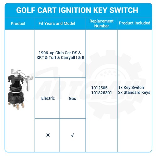 CartClan Ignition Key Switch for Club Car DS 1996-up Gas Golf Cart OEM# 101826301 4-pin