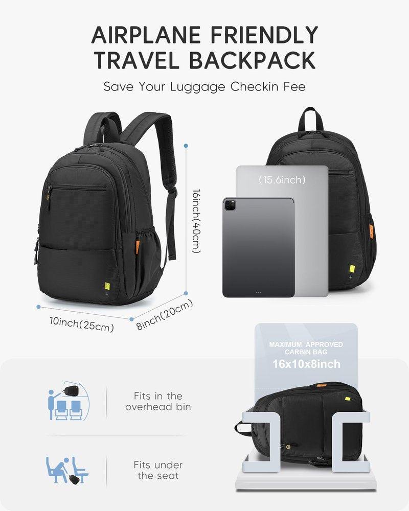 Nixjoro Personal Item Bag 17x10x9 Travel Backpack Carry On Flight Approved Ryanair 40x20x25cm Lightweight Waterproof Causal Bookbag for College, Travel (Black)