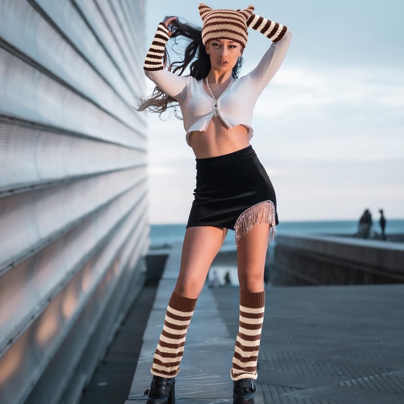 Mepase 8 Pcs Y2k Grunge Cat Beanie with Therian Leg Covers, Emo Gothic Fingerless Knitted Gloves and Necklace