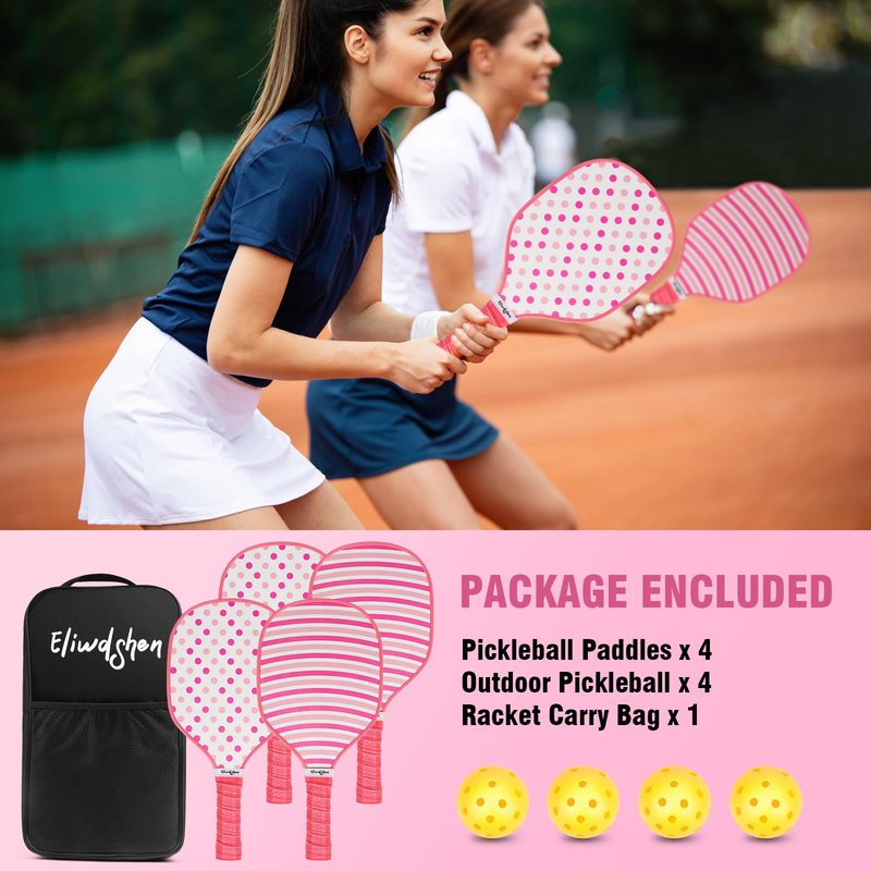 Eliwdshen Pickle Paddles Set of 4, Premium Wood Pickleball Paddles with 4-40 Holes Pickleball Balls and Carry Bag, Wood Pickle Rackets for Adults, Kids and Beginners (Pink)