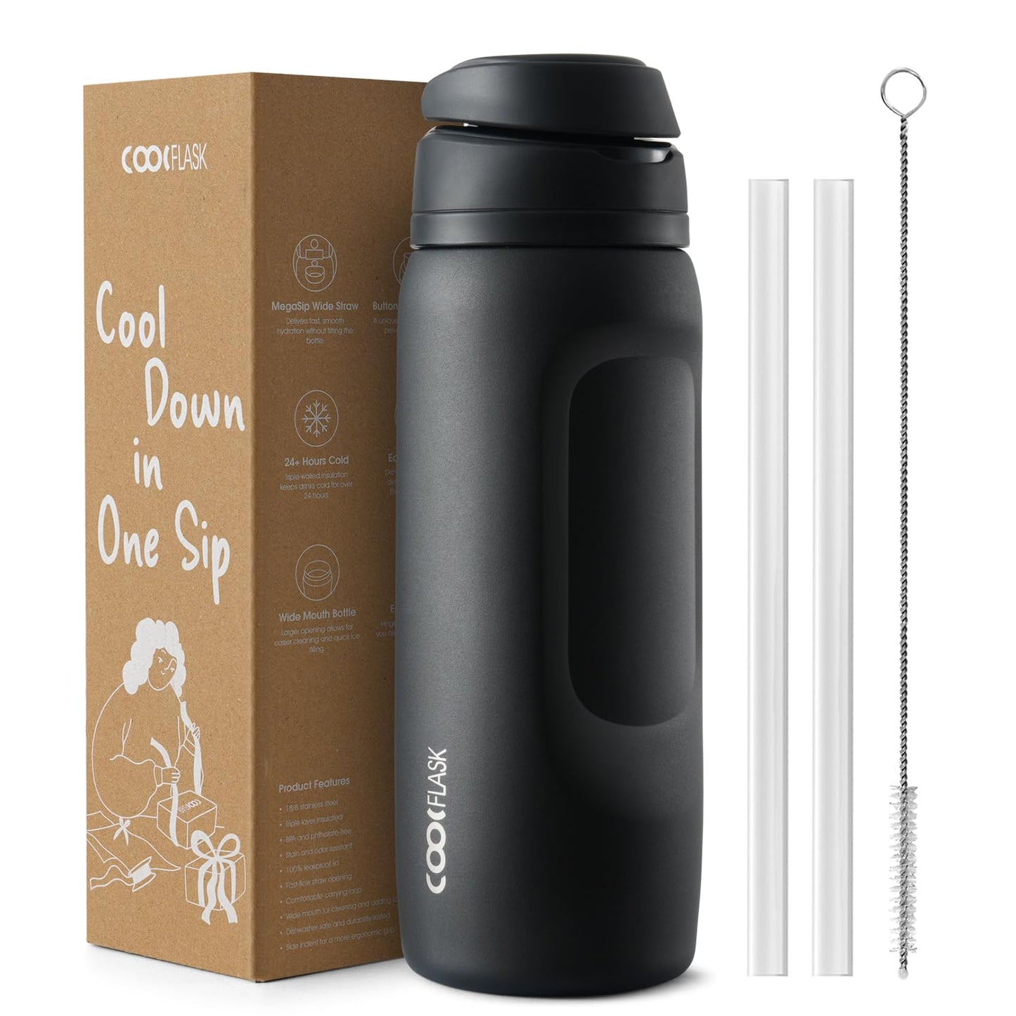 Coolflask MegaSip Stainless Steel Water Bottles 32 oz with Straw, Insulated Water Bottle Leak-Proof, 24+ Hours Cold, BPA-Free Dishwasher Safe, Water Flask for Sports Gym Work Office, Midnight Black