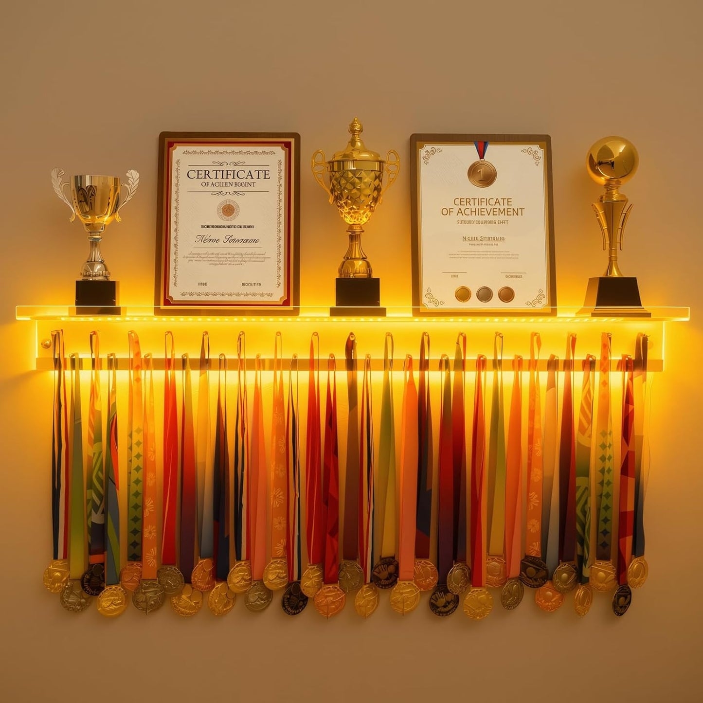 Omhuzsyo Acrylic Medal Hanger Display Rack - Light Up Trophy Shelf for Gymnastics, Running & More | Large 45.2”