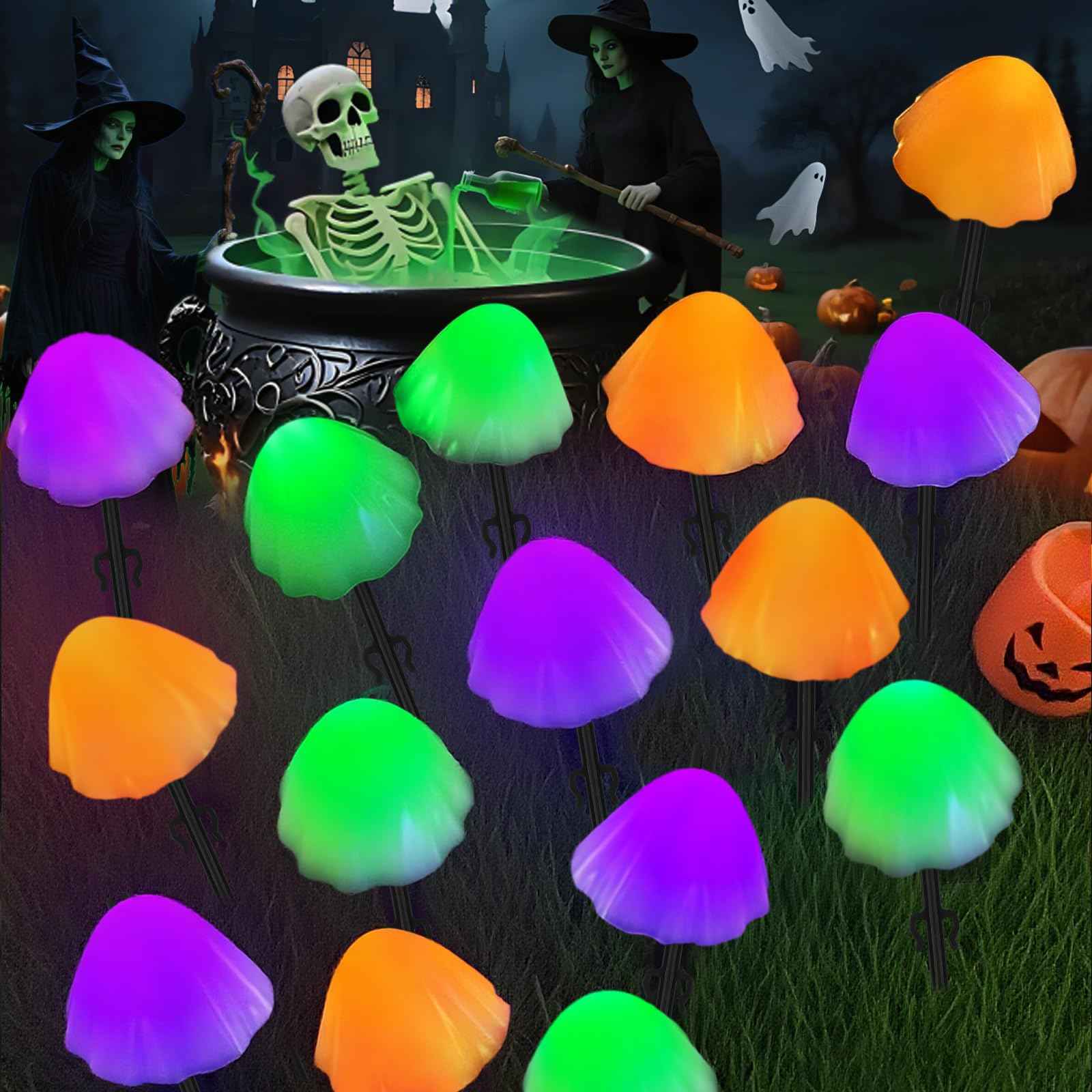 OZS 2PK 55FT 32LED Halloween Orange Purple and Green Solar Mushroom Lights Outdoor, Solar String Light with 8 Lighting Modes Auto On/Off, Halloween Garden Lights for Witch Decorations