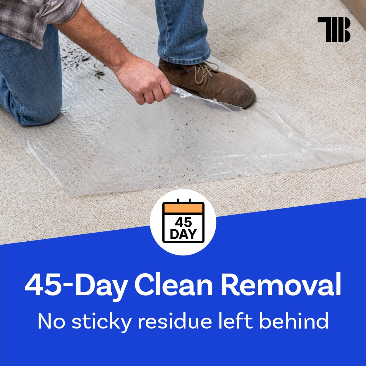 TapeManBlue Carpet Protection Film, 24 inch x 500 feet, Made in The USA, Strong and Durable Plastic Carpet Protector with Easy Unwind and Clean Removal, Clear Self-Adhesive Surface Protective Film