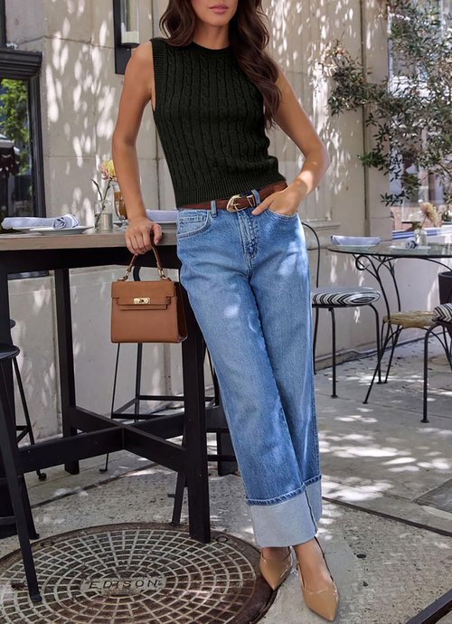 Ezbelle Women's Sleeveless Crop Shirt - Trendy Cable Knit Tank Top for Summer | Stylish Workwear