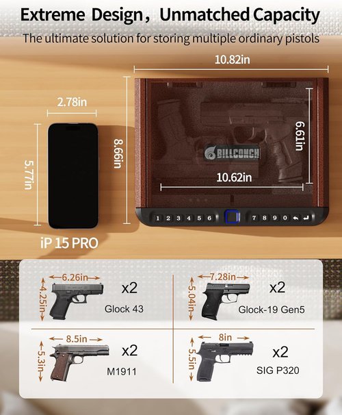 BILLCONCH Gun Safe - Biometric Pistol Safe with 4 Quick Access Methods | Antique Bronze Finish