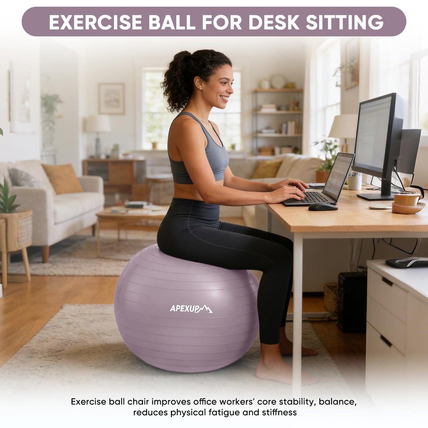 APEXUP Yoga Ball, 660 lbs Anti-Burst Exercise Ball with Pump, 5 Sizes (XXL(31"~34") 85cm, Mauve)