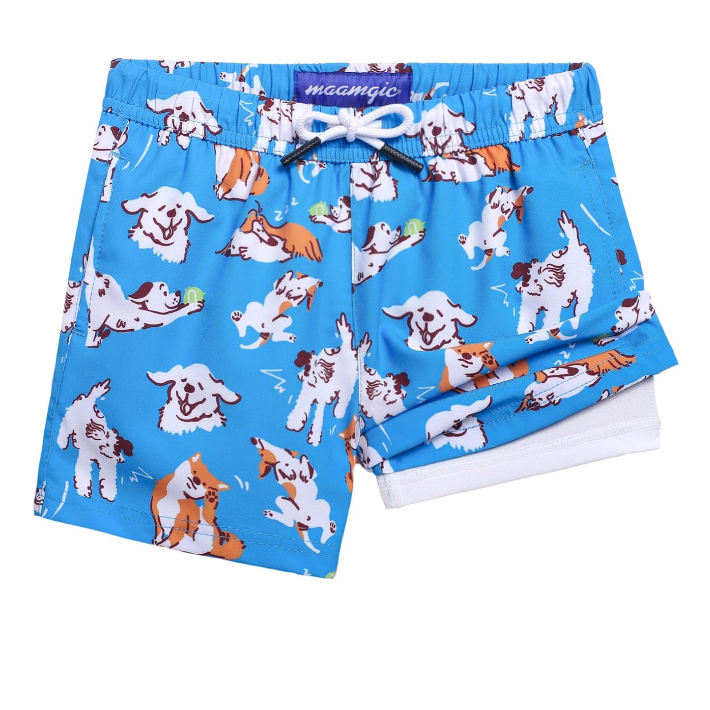 maamgic Boys Swim Trunks with Compression Liner Toddler Stretch Swim Shorts Quick Dry Swimming Trunks Boxer Brief 2 in 1 Beach Shorts Blue Doggy 2T