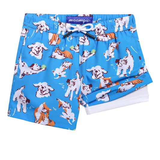 maamgic Boys Swim Trunks with Compression Liner Toddler Stretch Swim Shorts Quick Dry Swimming Trunks Boxer Brief 2 in 1 Beach Shorts Blue Doggy 2T