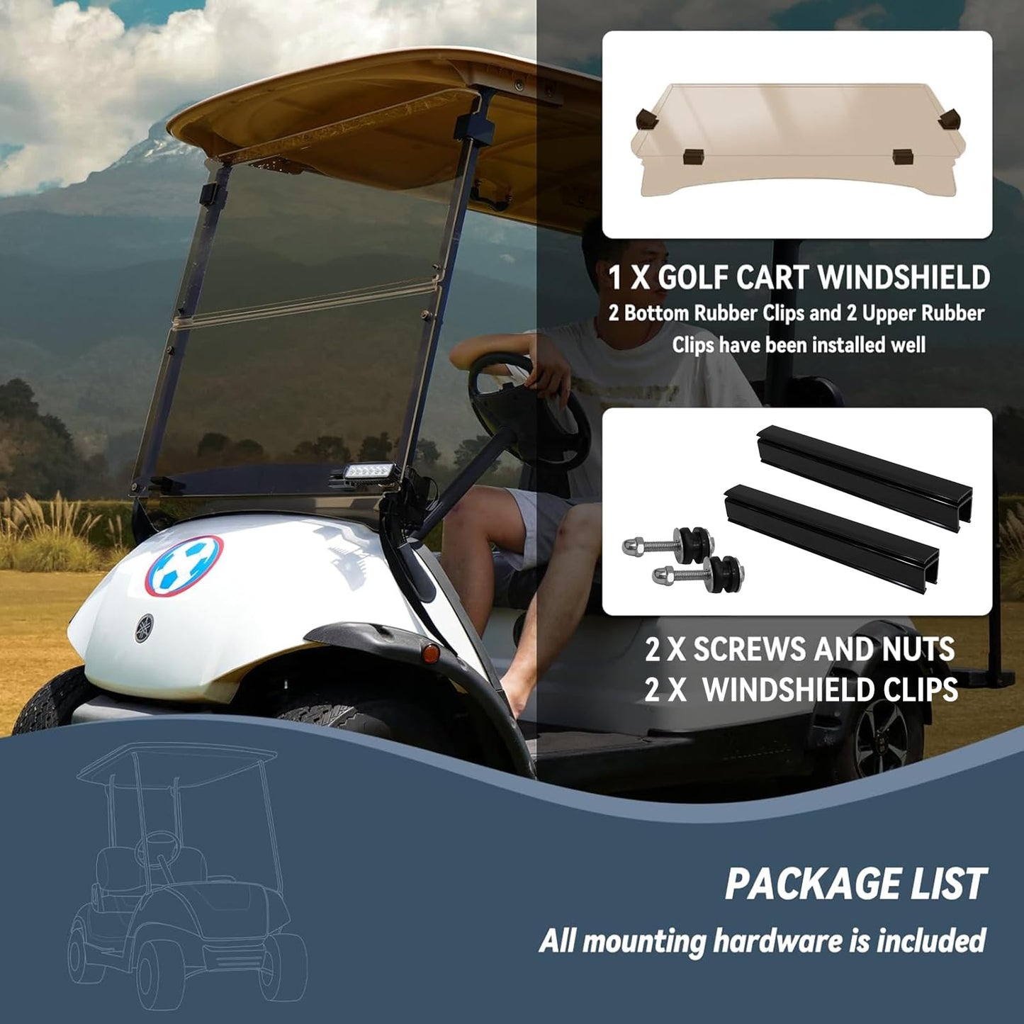 Golf Cart Windshield For Yamaha G29/Drive 2007-2016, 3/16" (5MM) Thicken Foldable, Tinted UV Protection and Impact Resistant Acrylic - Tinted