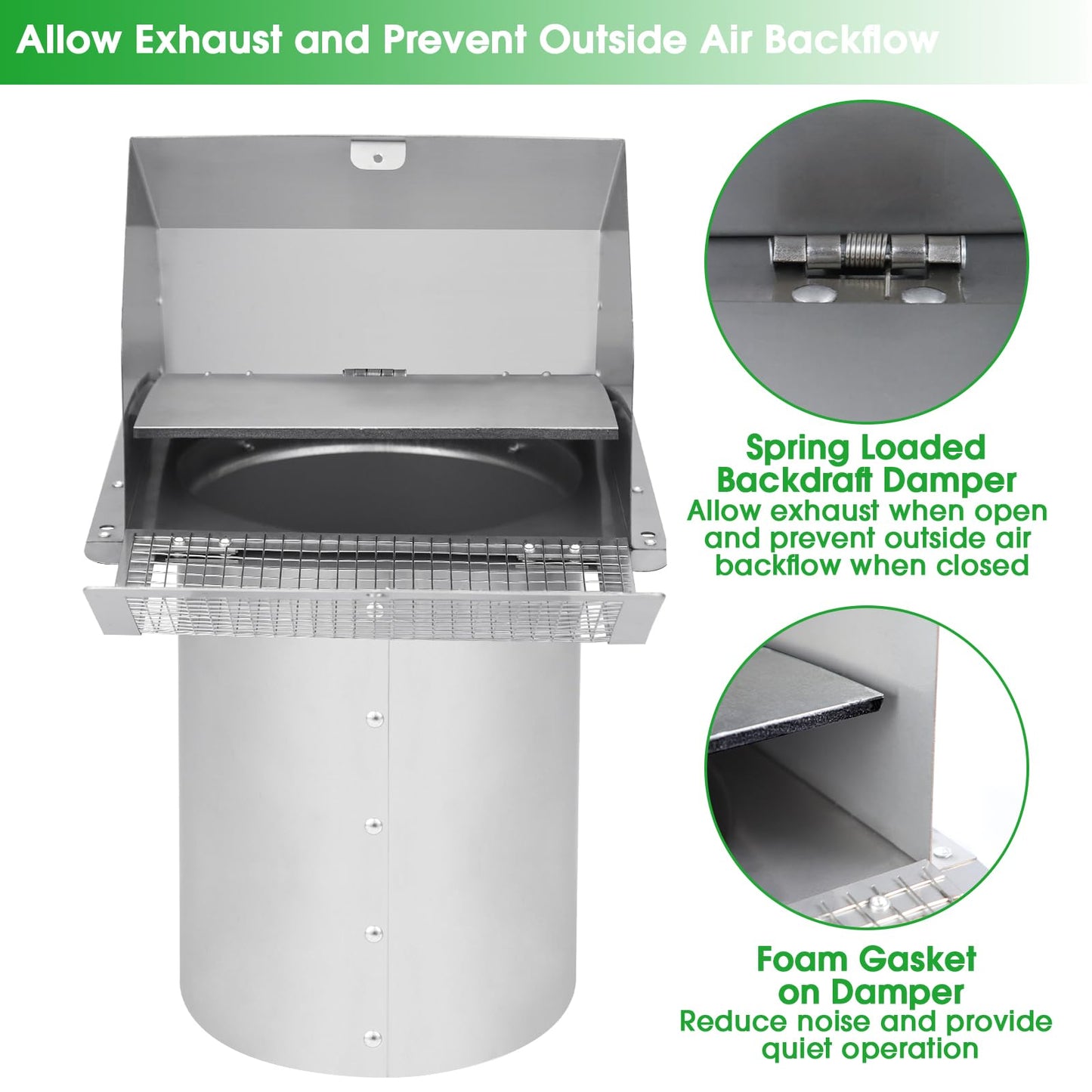 8 inch Wall Vent Ccover,Exhaust Vent Hooded Wall Vent with Screen and Damper,Outdoor Wall Exhaust Vent Cap Exterior Air Vent Cover for Kitchen Range Hood HVAC Duct Dryer Ventilation,Stainless Steel