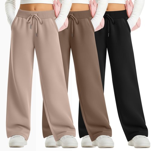 LessonZoo 3 Pack Girls Sweatpants Straight Leg Ribbed Waist Active Joggers Teens Athletic Pants with Drawstring and Pockets(Apricot, Dark Khaki, Black,Medium)