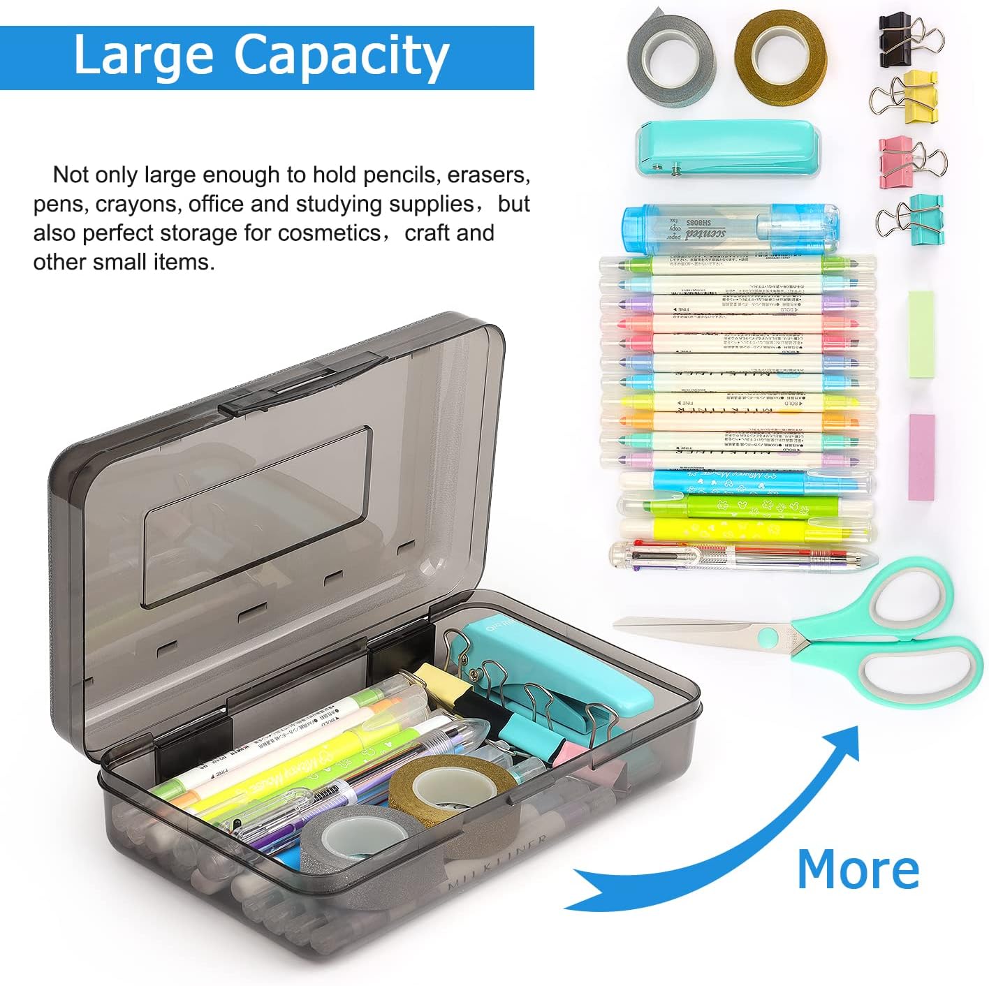Tamaki Large Capacity Clear Pencil Box - Stylish Stackable Storage Organizer | Black