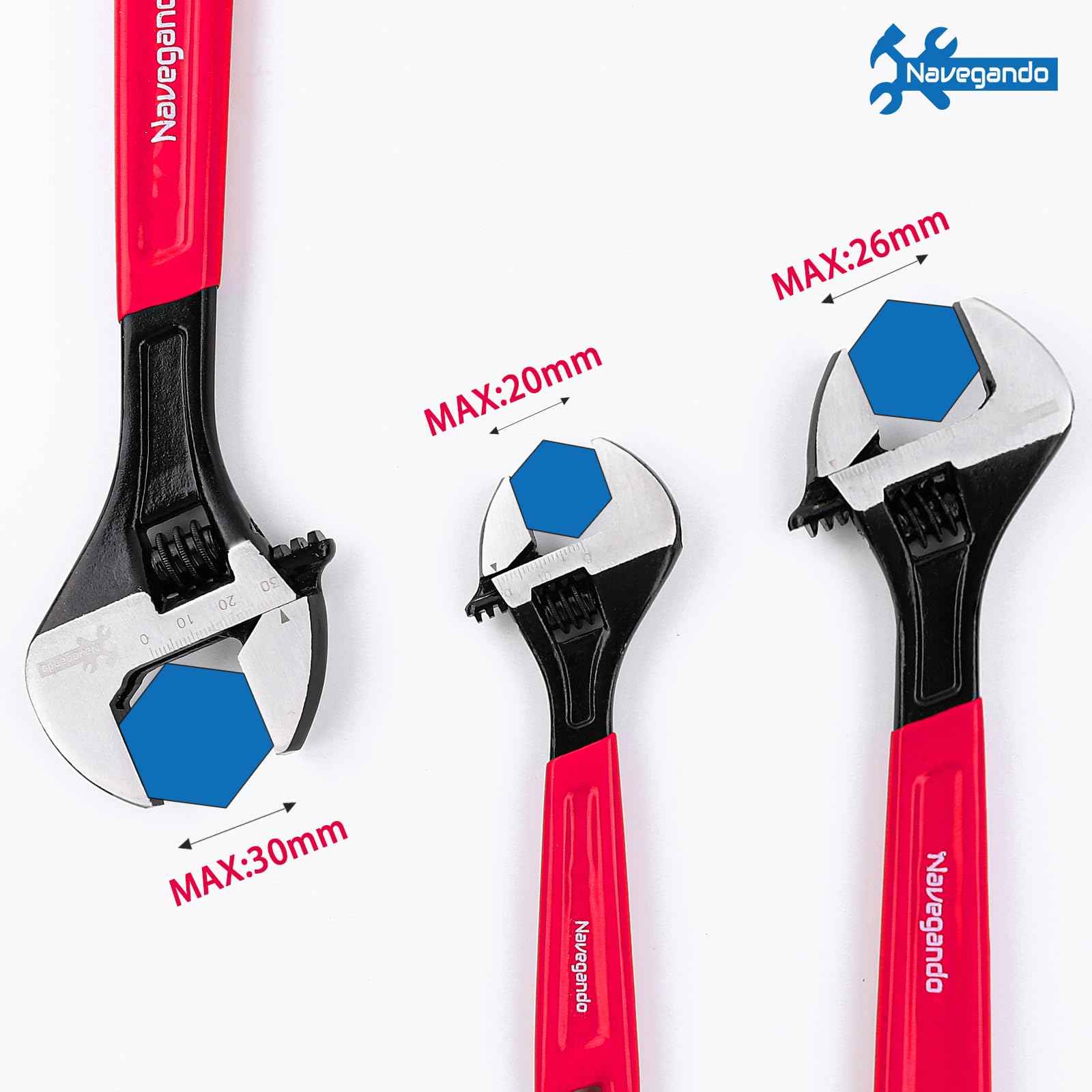 Navegando Adjustable Wrench Set, 3-Piece Adjustable Wrenches 6-inch, 8-inch, 10-inch, Extra-Wide Jaw and Soft Grip Wrench Set, for Automotive, Plumbing, Household Repairs