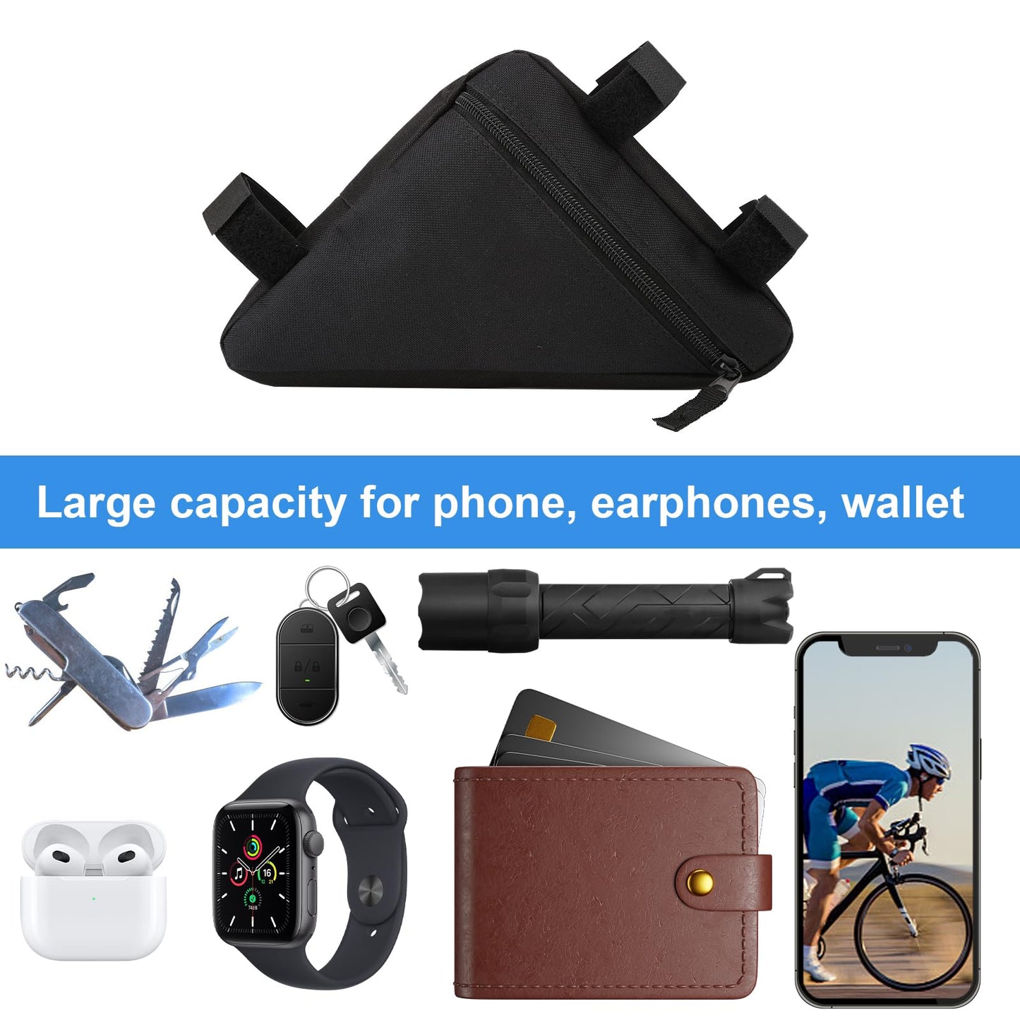 Bicycle Triangle Bag–7.9" Bike Frame Storage Bag with Quick Release for Road & MTB | Frame Bag Compatible with All Bike Frames, Lightweight Oxford Fabric Pouch (Black)