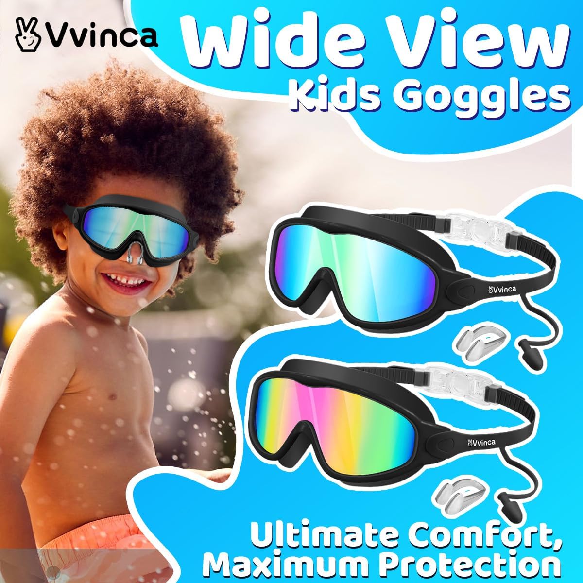 Vvinca Swim Goggles - Anti-Fog UV Protection with Earplugs & Nose Clip | Wide View for Kids Ages 3-15