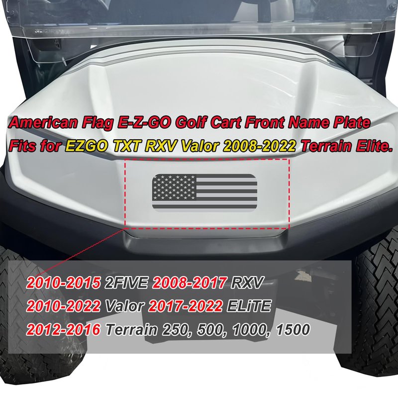 E-Z-GO Golf Cart Front Name Plate with Black & Grey American Flag Design, Fits 2014-2022 TXT, 2010-2015 2FIVE, 2008-2017 RXV, 2012-2016 Terrain, 2010-2022 Valor, and 2017-2022 Elite