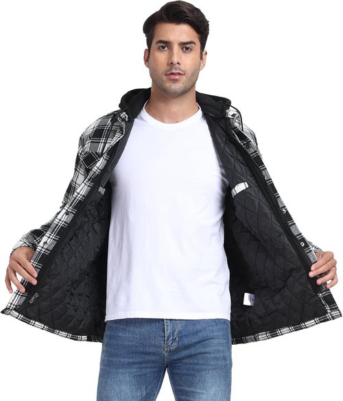 CHEXPEL Flannel Jacket for Men - Hooded, Quilt-Lined, Long Sleeve Plaid Winter Coat