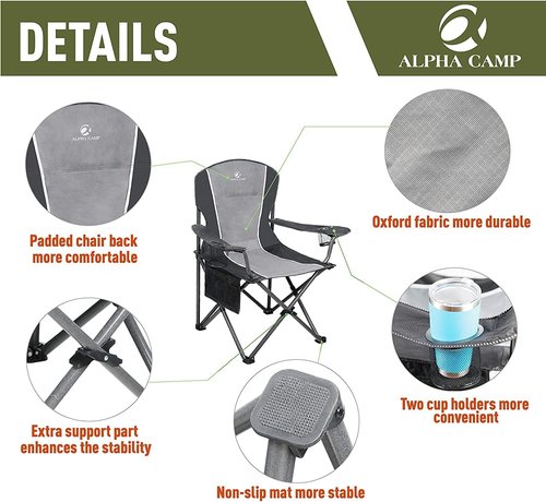 ALPHA CAMP Oversized Camping Chair - Heavy Duty Steel Frame, Supports 350 LBS, Portable with Padded Arms & Cup Holder