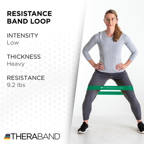 THERABAND Resistance Band Loops, 12" Green, Heavy Resistance, Latex Color-Coded 3" Wide Exercise Band Loop for Home Workouts, Pilates, Strength Training, Physical Therapy, for Women and Men