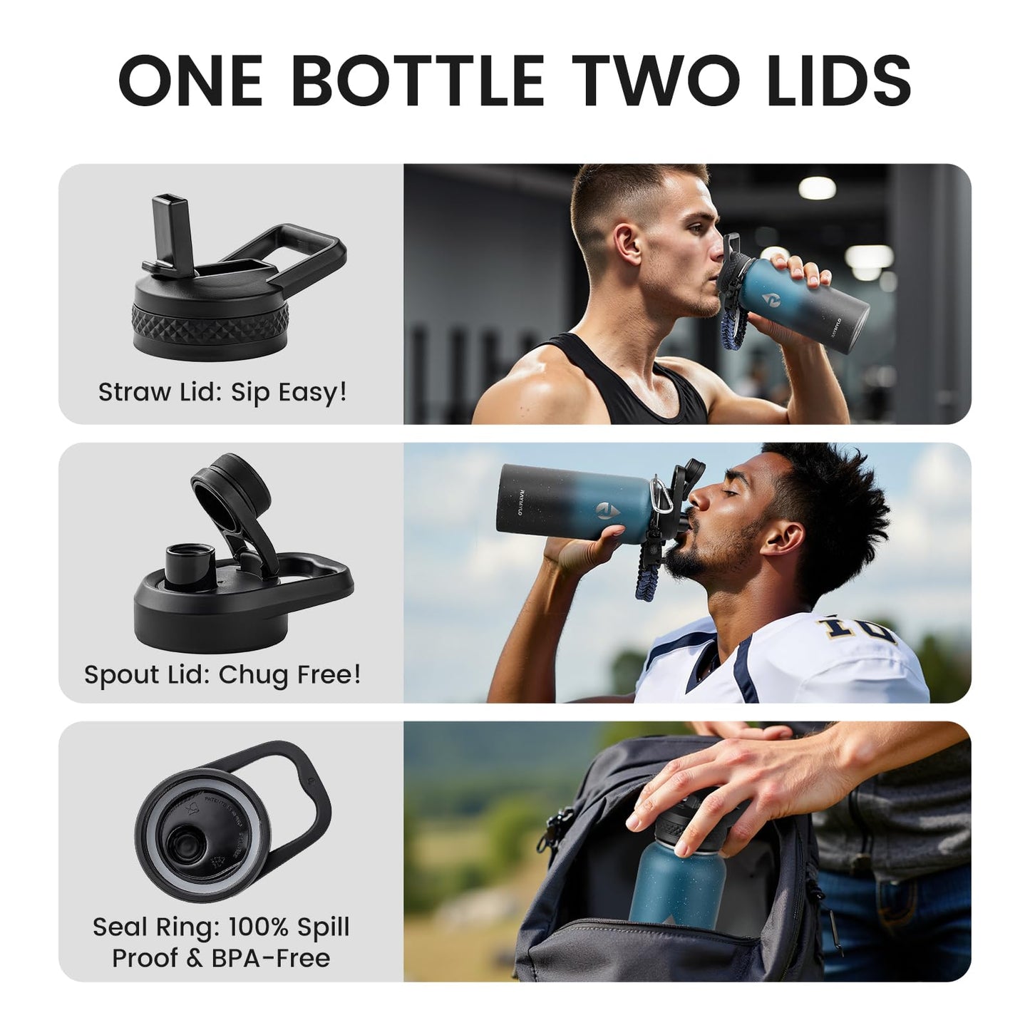RAYMYLO Insulated Water Bottle 32 oz, Triple Wall Vacuum Stainless Steel (Cold for 24Hrs, Hot for 12Hrs), Leak Proof & Non-BPA, Modern Water Flask Jug with Paracord Handle & Straw Spout Lids