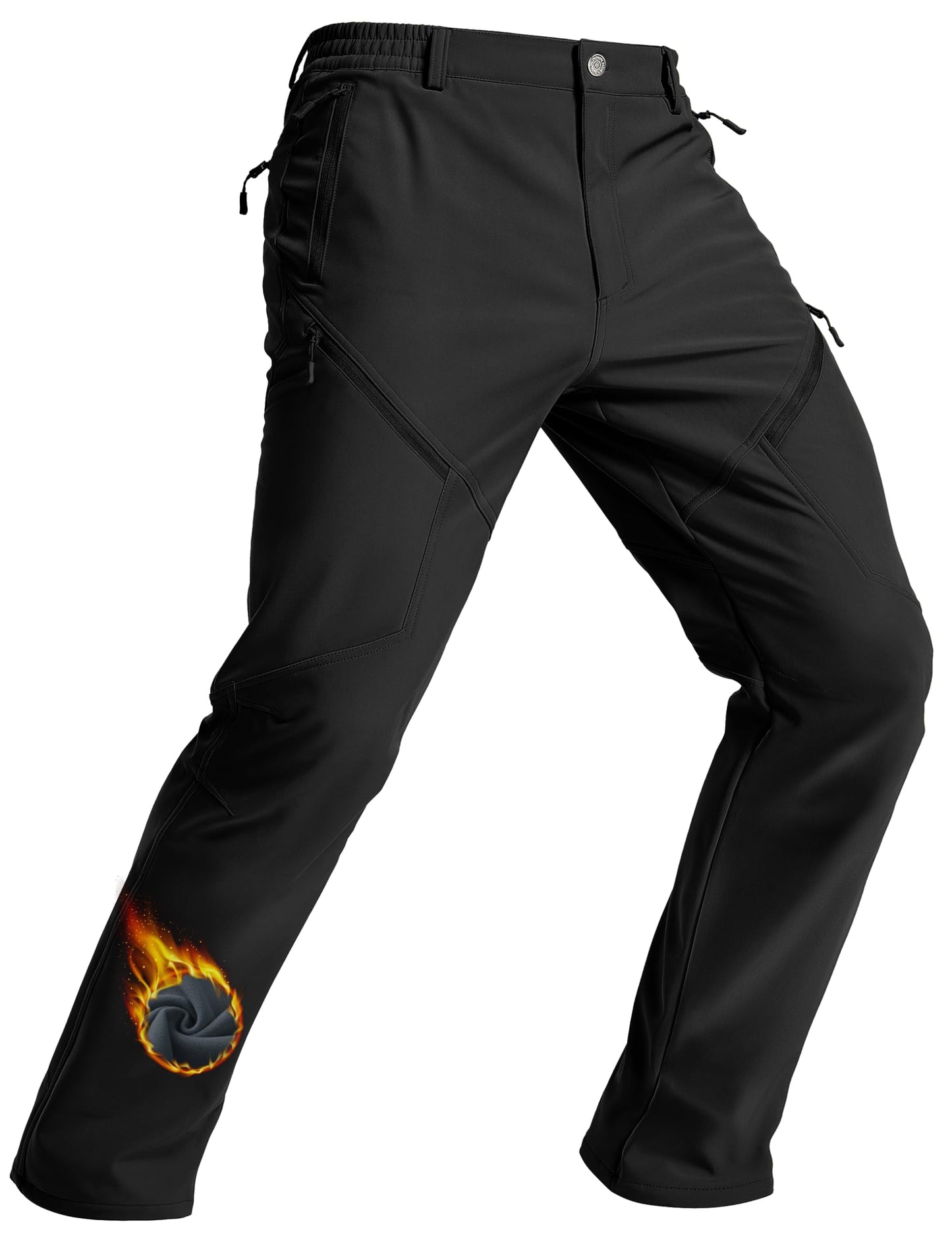 TACVASEN Men's Fleece Lined Hiking Pants Winter Insulated Waterproof Snow Ski Pants Cold Weather Black Cargo Work Trousers with Zipper Pockets