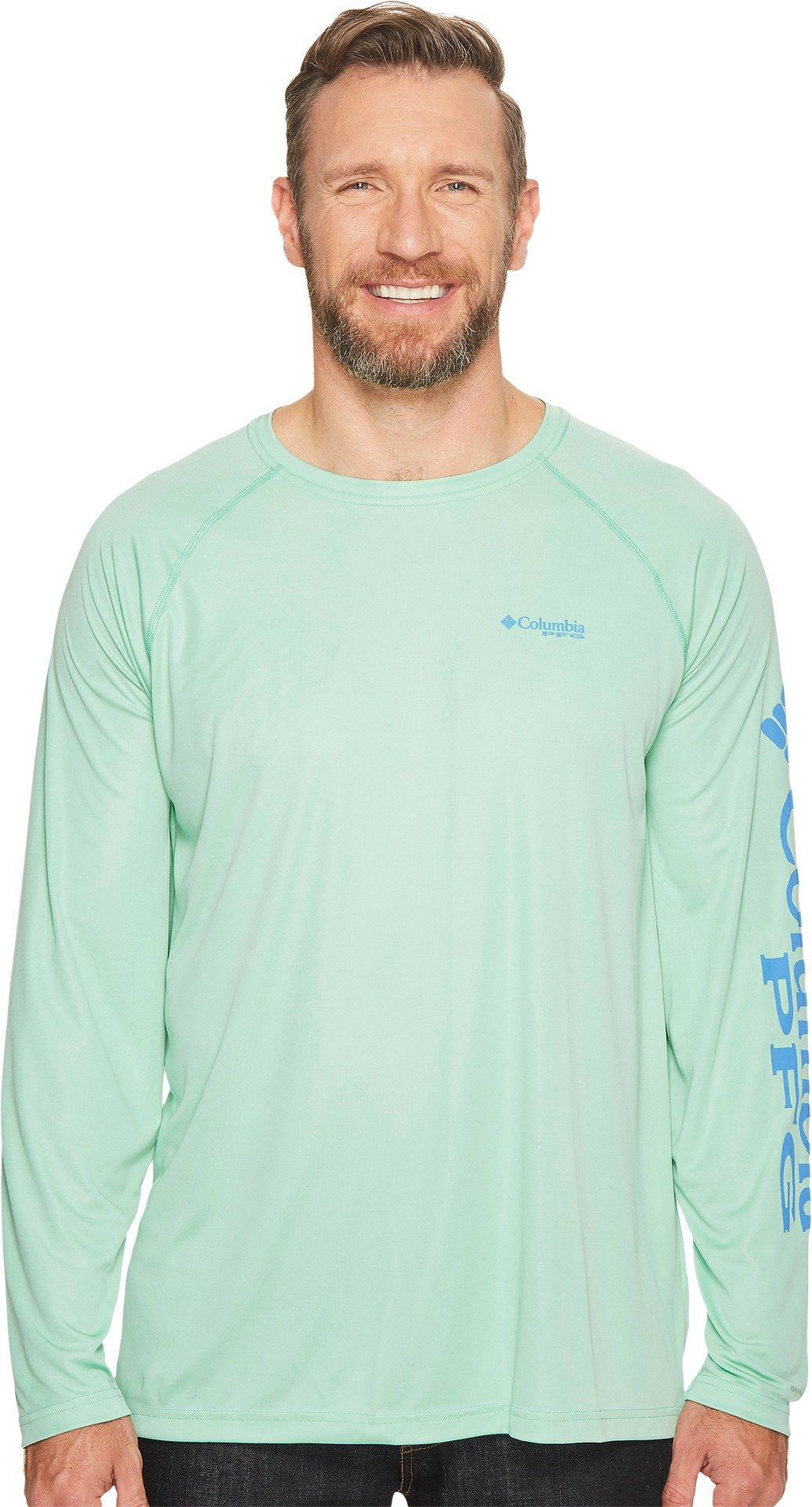 Columbia Men's Terminal Tackle Long Sleeve Shirt, Kelp/Harbor Blue Logo, Small