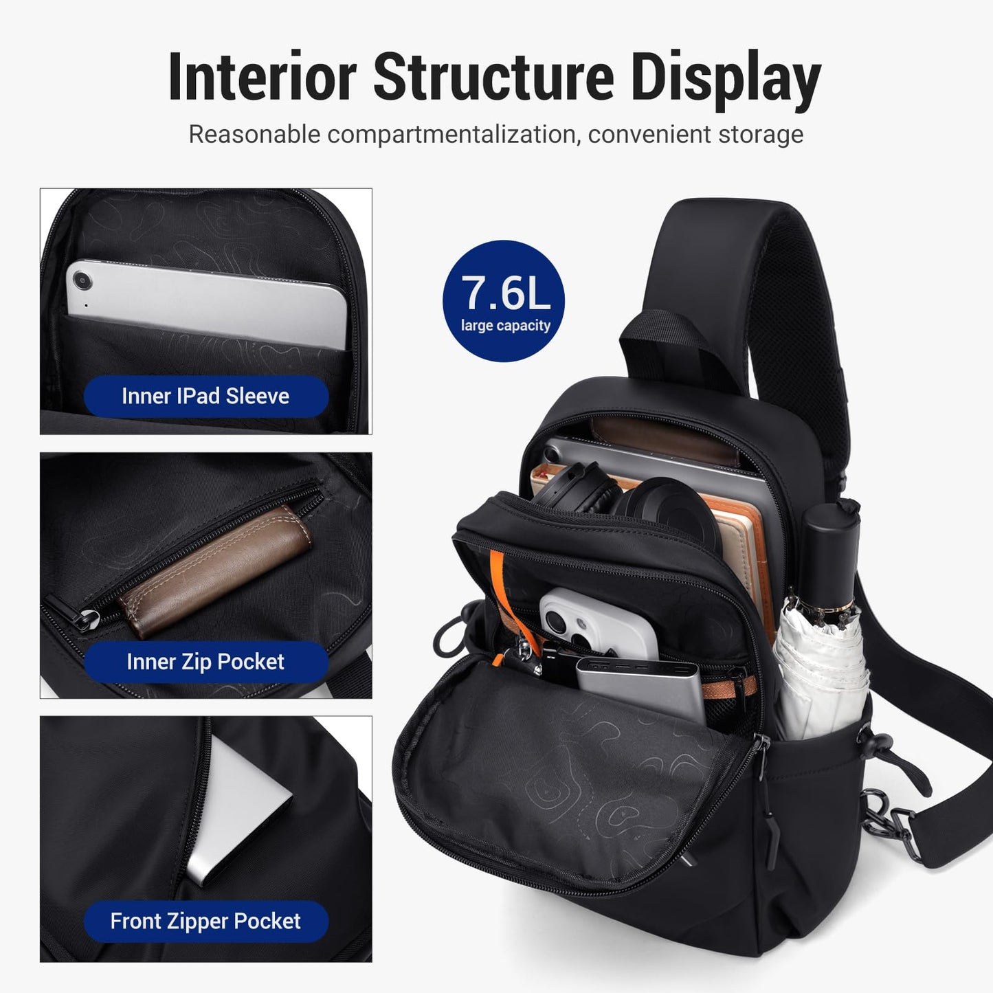 VNINE Small Sling Crossbody Backpack Shoulder Bag for Men Women, Lightweight One Strap Back Pack Sling Bag Backpack for Hiking Walking Biking Travel Cycling with Headphone Port