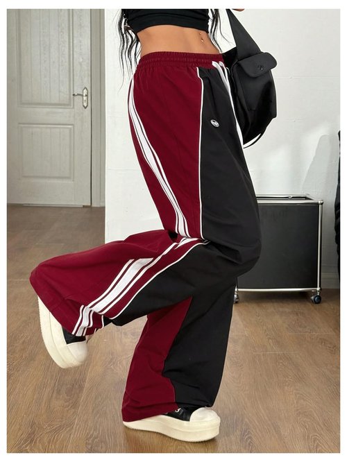 GORGLITTER Women's Baggy Track Pants Y2K Color Block Drawstring Barrel Parachute Pants High Waisted Streetwear Pant Black and Red Small