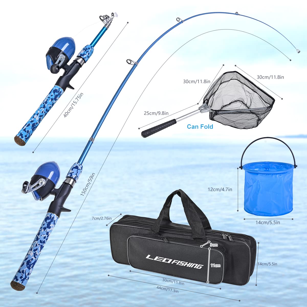 LEOFISHING Kids Fishing Pole Set with Full Starter Kits Portable Telescopic Fishing Rod and Spincast Reel with a Fishing Net and Bucket for Boys Girls and Youth (Blue)