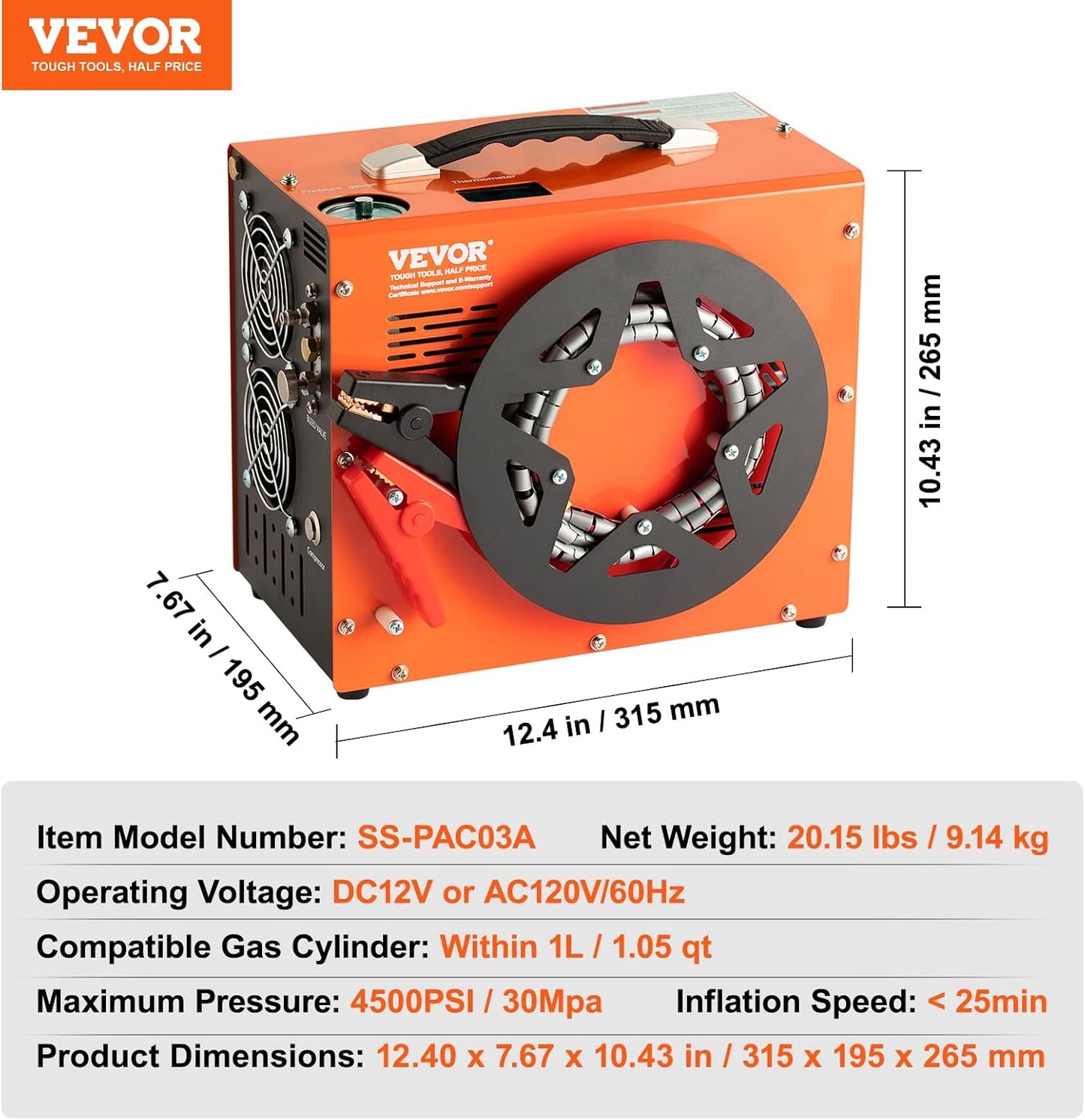VEVOR PCP Air Compressor - 4500PSI Portable Airgun Compressor with Auto-Stop | DC12V/AC120V | Oil & Water-Free