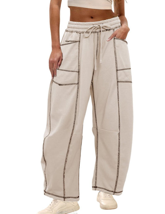 Athlisan Womens Baggy Barrel Pants Wide Leg Lounge Drawstring Sweatpants with Pockets(Khaki-M)