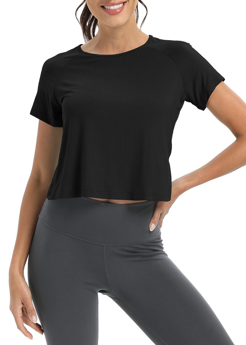 Bestisun Athletic Exercise Sports Activewear Running Shirts Open Back Yoga Gym Casual Sports Crop Tops Black S