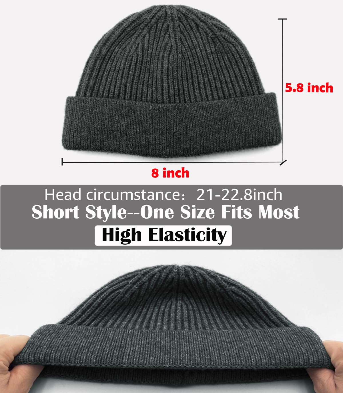 ROYBENS Thin Swag Wool Knit Cuff Short Fisherman Beanie for Men Women, Winter Warm Hats,Trawler Watch Hat Soft Spring Fall Skull Cap Unisex Dark Gray
