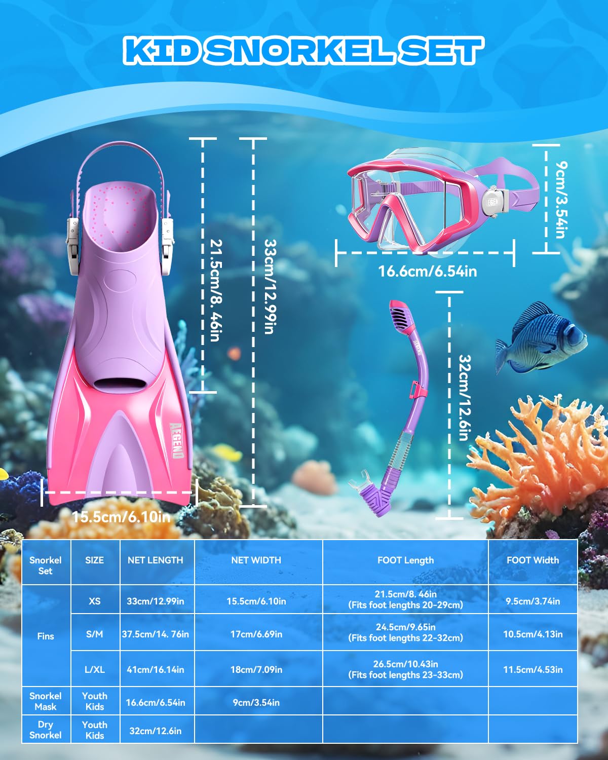 Aegend Snorkeling Gear Set for Kids - Anti-Fog Diving Mask, Adjustable Fins & Dry Snorkel, Full Snorkel Kit for Youth Swimming & Diving (Ages 5-15) (Purple, XS)