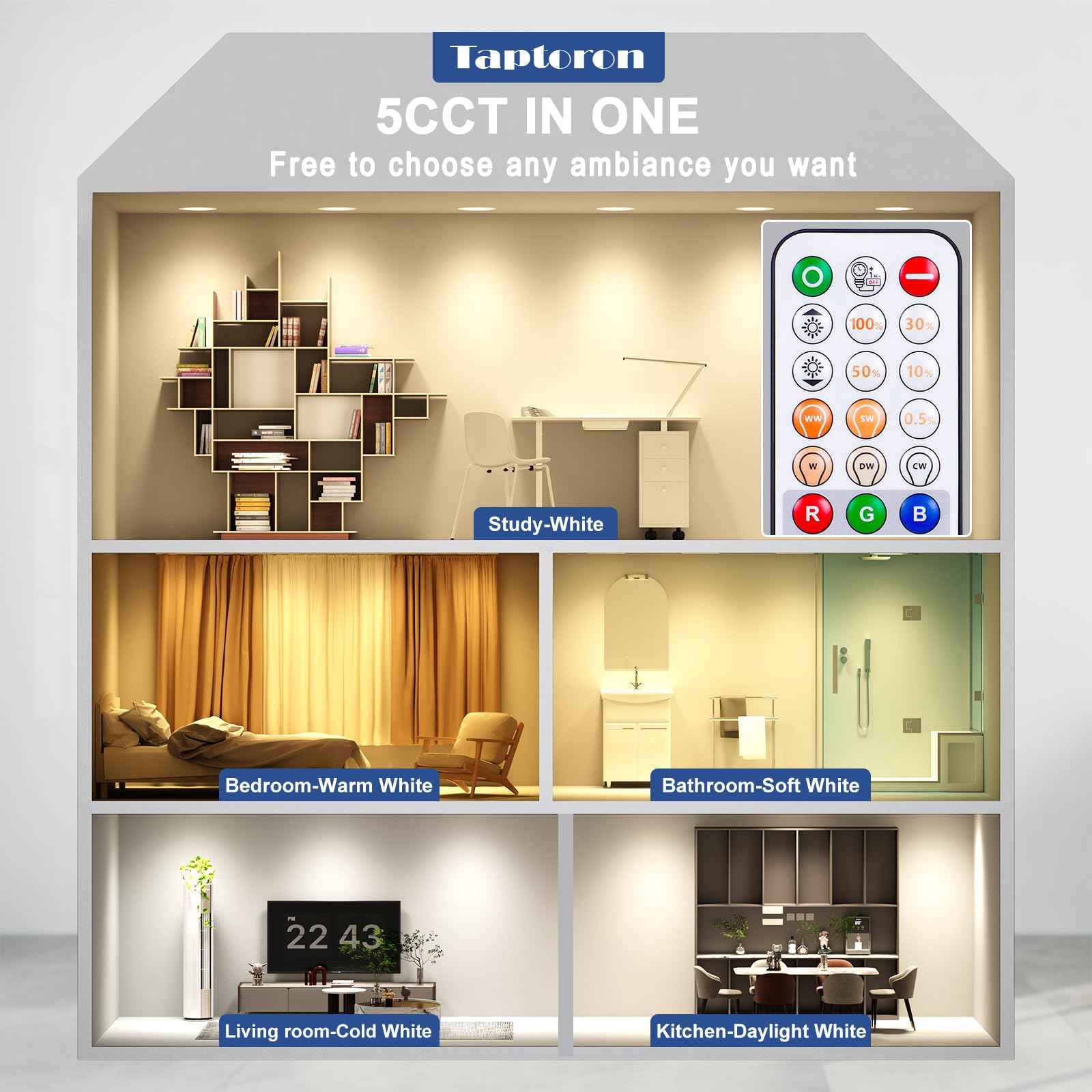 Recessed Lighting 5/6 Inch Color Changing LED Can Lights for Ceiling, 13W 1050LM Retrofit Recessed Lights with Baffle Trim, RGBCW Downlight Dimmable by Remote Control, Memory, Delayed Off, 1 Pack