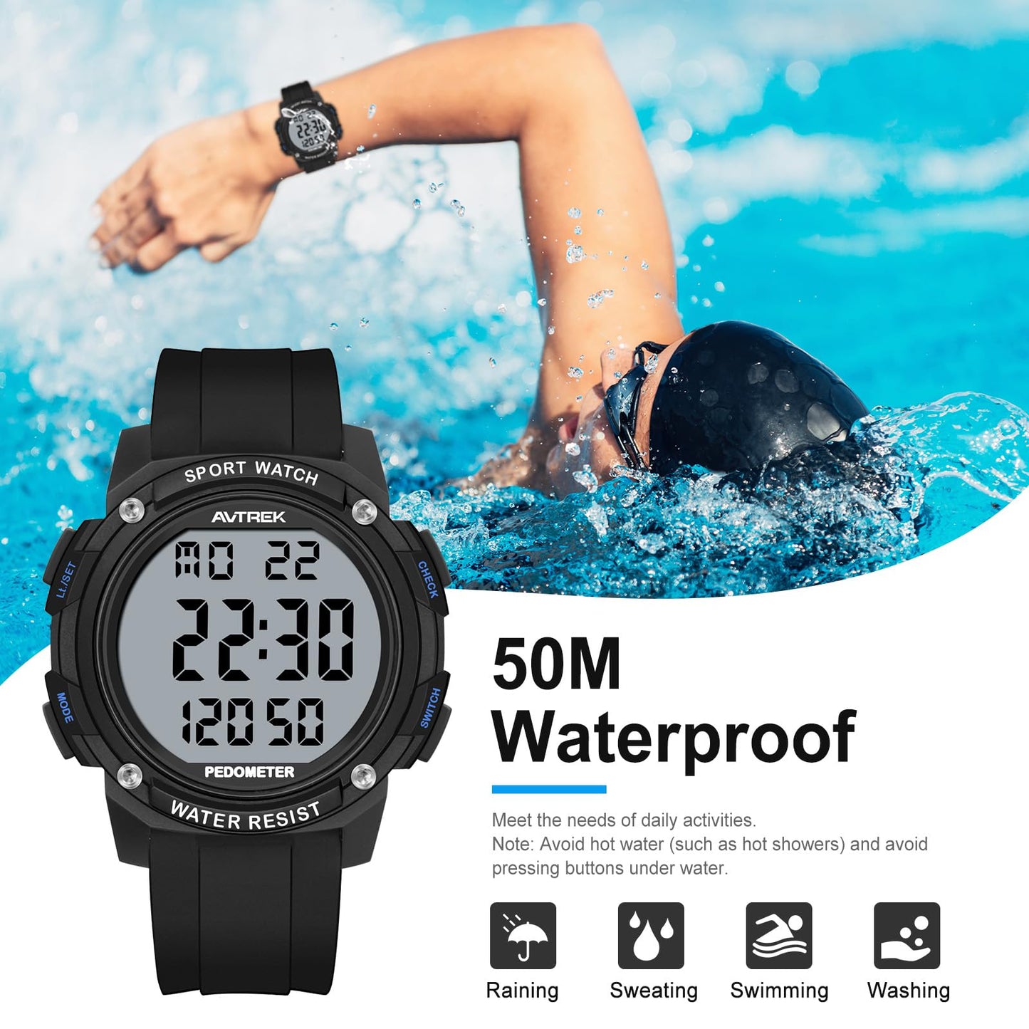 AVTREK Pedometer Watch for Walking Steps and Miles Calories NoAPP Needed 50M Waterproof Digital Step Counter Watch Sport Simple Fitness Tracker for Men(Black)